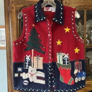 Vintage Keren Hart Christmas Button Down Vest 70% Wool Size Small‎ Red Green